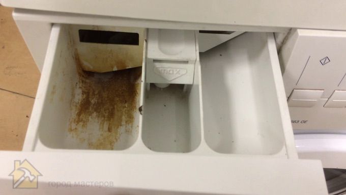 Загрязнение лотка и канала для подачи моющих средств Что делать если из стиральной машины плохо пахнет